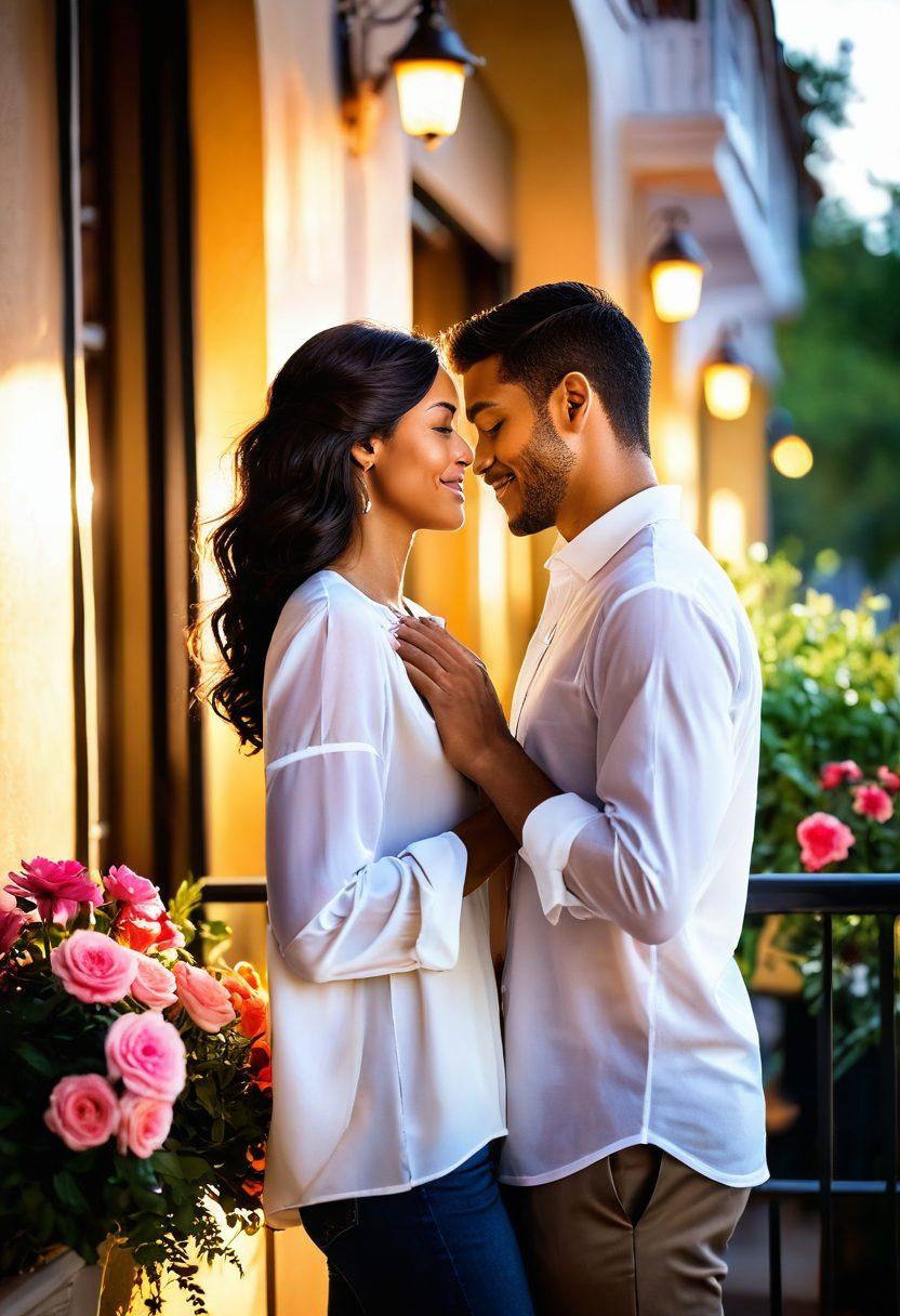 A stunning couple sharing a warm embrace on a sunlit balcony, surrounded by blooming flowers and gentle breezes, symbolizing love's journey from flirtation to a lasting partnership. Include soft, glowing lights in the background, adding a romantic ambiance. Capture their joyful expressions as they gaze into each other's eyes, representing deep connection and commitment. soft focus. vibrant colors. dreamy atmosphere.