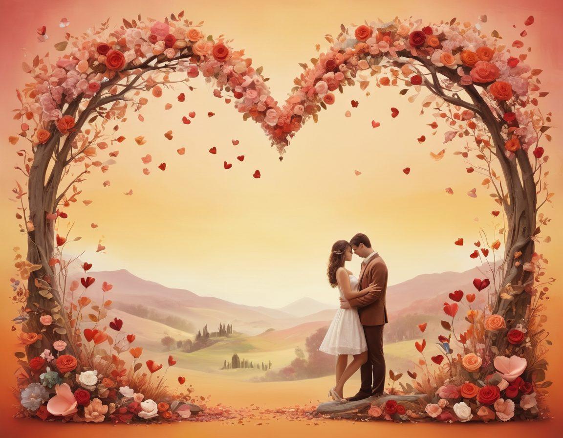A romantic scene depicting a couple in various stages of a relationship, from their first date to their wedding, surrounded by heart motifs and symbols of love. The background features nature, suggesting growth and harmony, with warm colors symbolizing affection. Include subtle icons like love letters and intertwined hands to enhance the theme of connection and commitment. super-realistic. vibrant colors. soft pastel background.