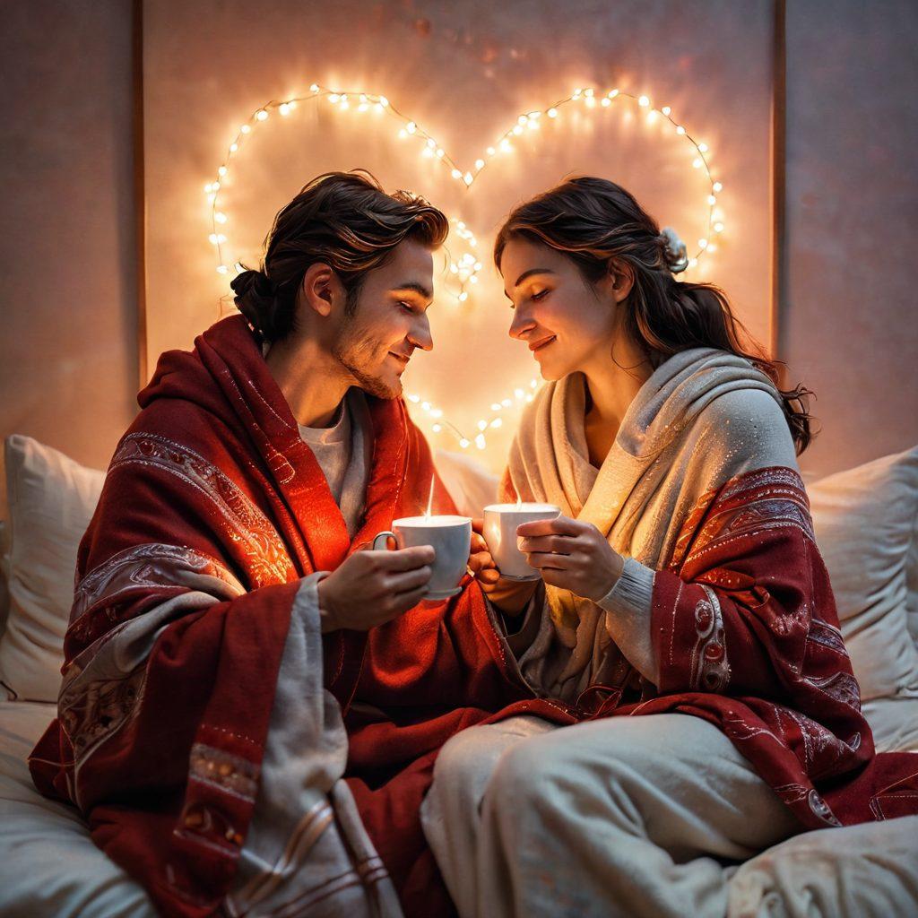 A warm and intimate scene depicting two soulmates sitting together, wrapped in a cozy blanket, sharing a heartfelt moment over steaming cups of tea. Soft fairy lights twinkle in the background, symbolizing emotional connection. Incorporate elements like intertwined hands and heart-shaped clouds to represent love languages. The color palette should be rich with reds and soft pastels to evoke warmth and affection. painting. vibrant colors. cozy atmosphere.
